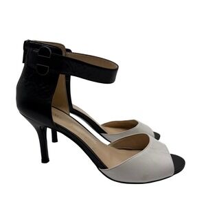 Nine West Graby Sandals Womens 8M Black White Leather Stiletto Ankle Strap